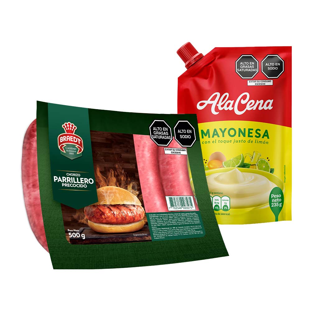 Pack Chorizo Parrillero Precocido BRAEDT 500g + Mayonesa ALACENA Doypack 235g
