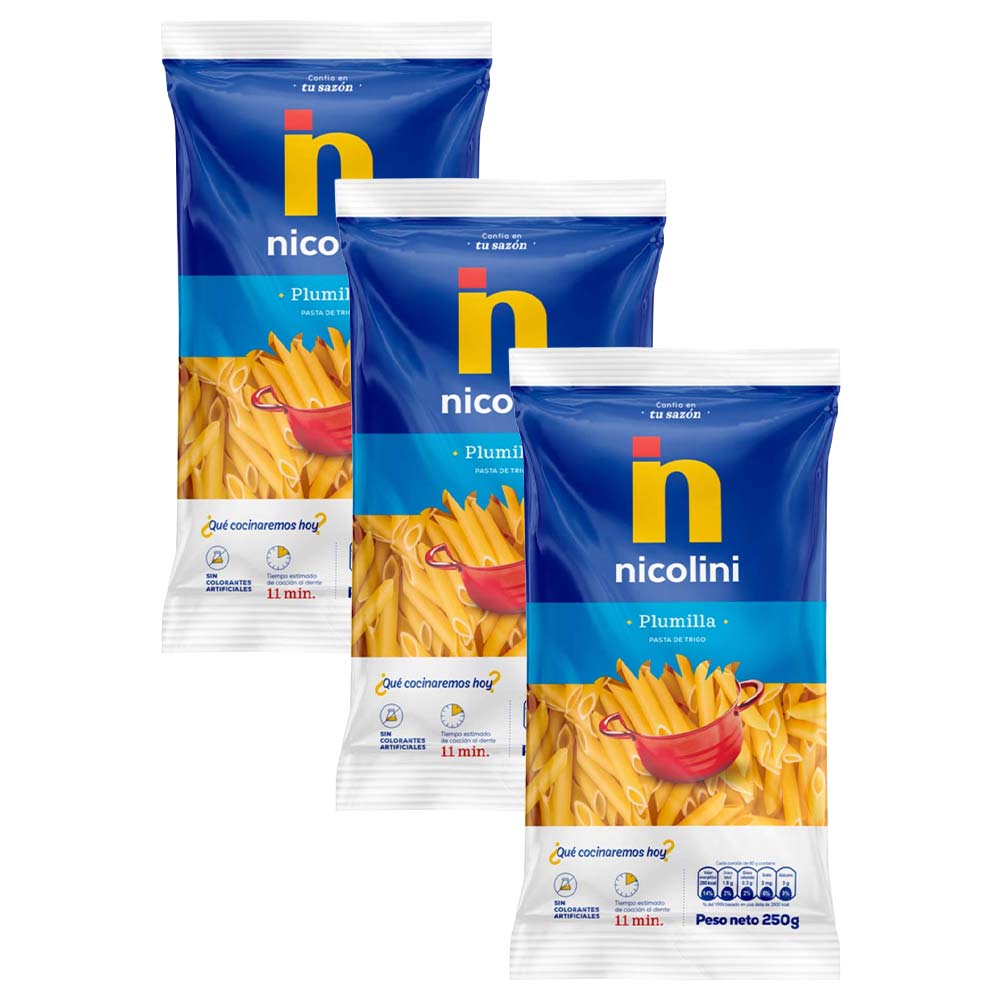 Pack Fideos NICOLINI Plumilla Bolsa 250g Paquete 3un