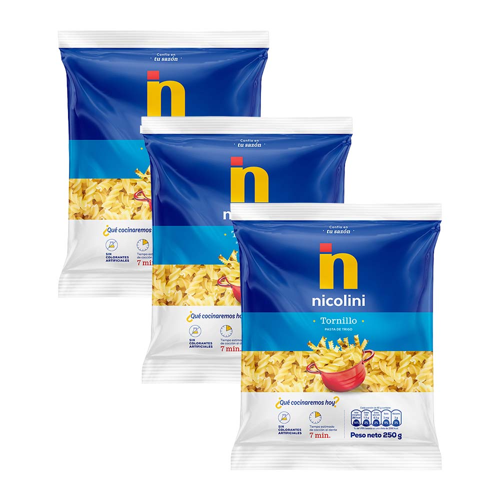 Pack Fideos NICOLINI Tornillo Bolsa 250g Paquete 3un