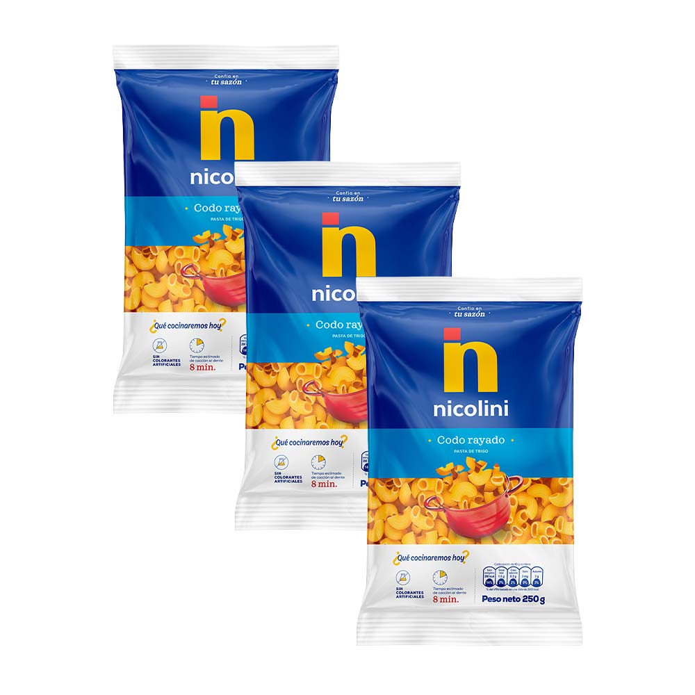 Pack Fideos NICOLINI Codo Rayado Bolsa 250g Paquete 3un