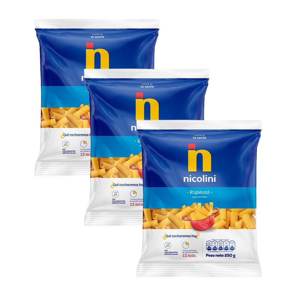 Pack Fideos NICOLINI Rigatoni Bolsa 250g Paquete 3un