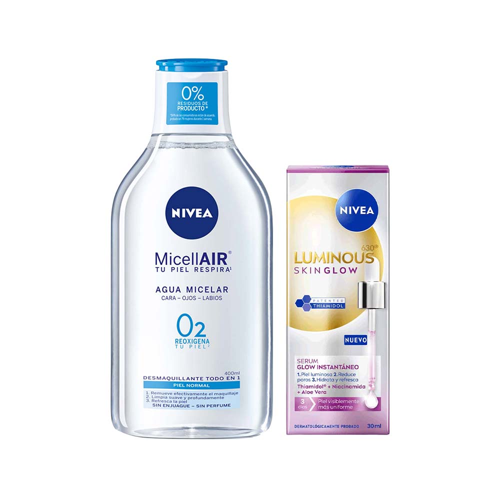 Pack Agua Micelar NIVEA Piel Normal Frasco 400ml + Sérum NIVEA Luminous 630 Skin Glow Frasco 30ml