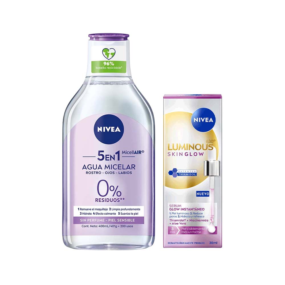 Pack Sérum NIVEA Luminous 630 Skin Glow Frasco 30ml + Agua Micelar NIVEA Piel Sensible 5 en 1 Frasco 400ml