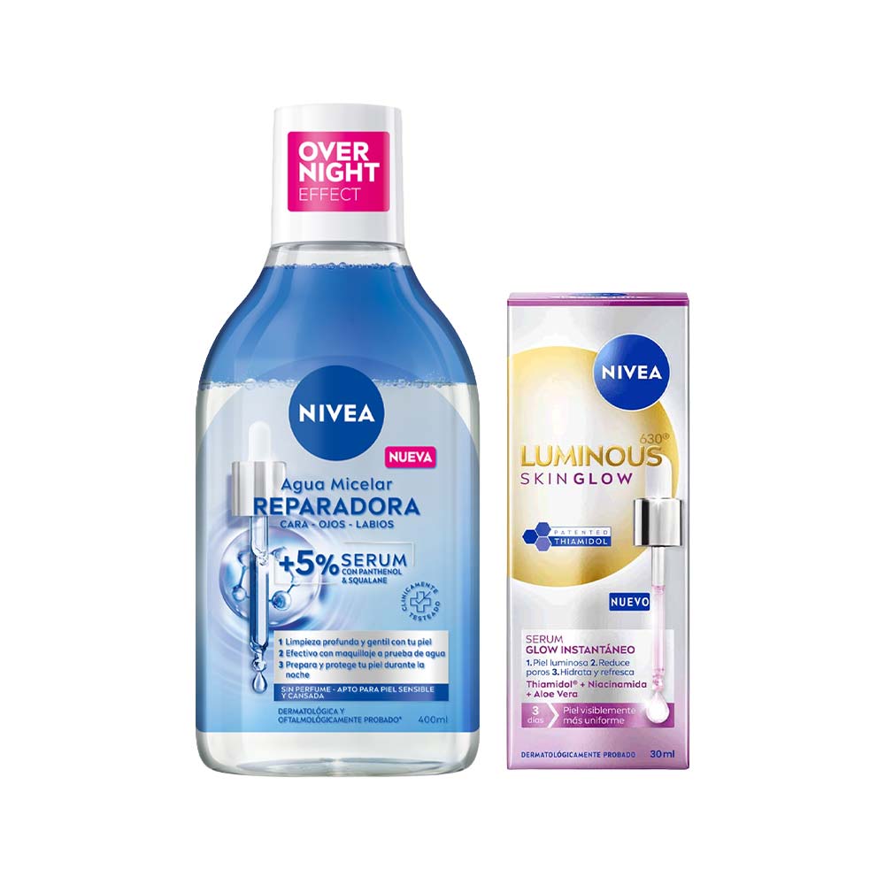 Pack Agua Micelar Bifásica NIVEA Reparadora Frasco 400ml + Sérum NIVEA Luminous 630 Skin Glow Frasco 30ml