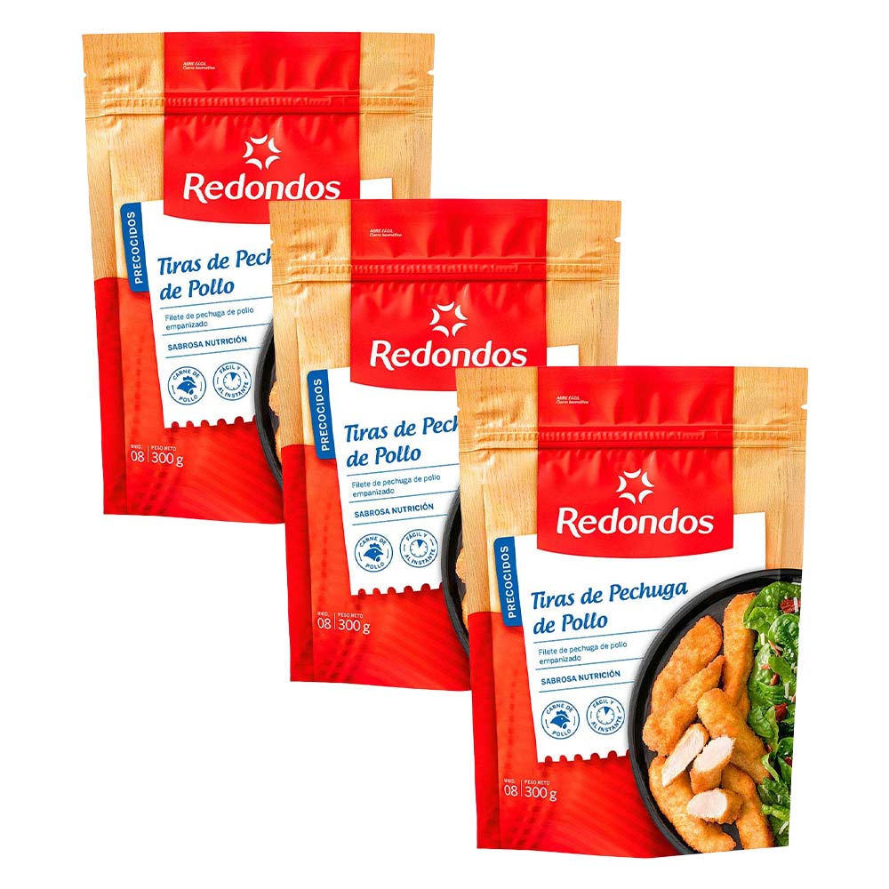 Pack Tiras de Pechuga de Pollo Empanizados REDONDOS Bolsa 300g Paquete 3un