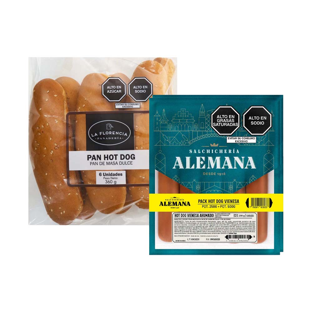 Pack Hot Dog Vienesa SALCHICHERÍA ALEMANA Paquete 250g + 500g + Pan Hot Dog LA FLORENCIA Paquete 360g