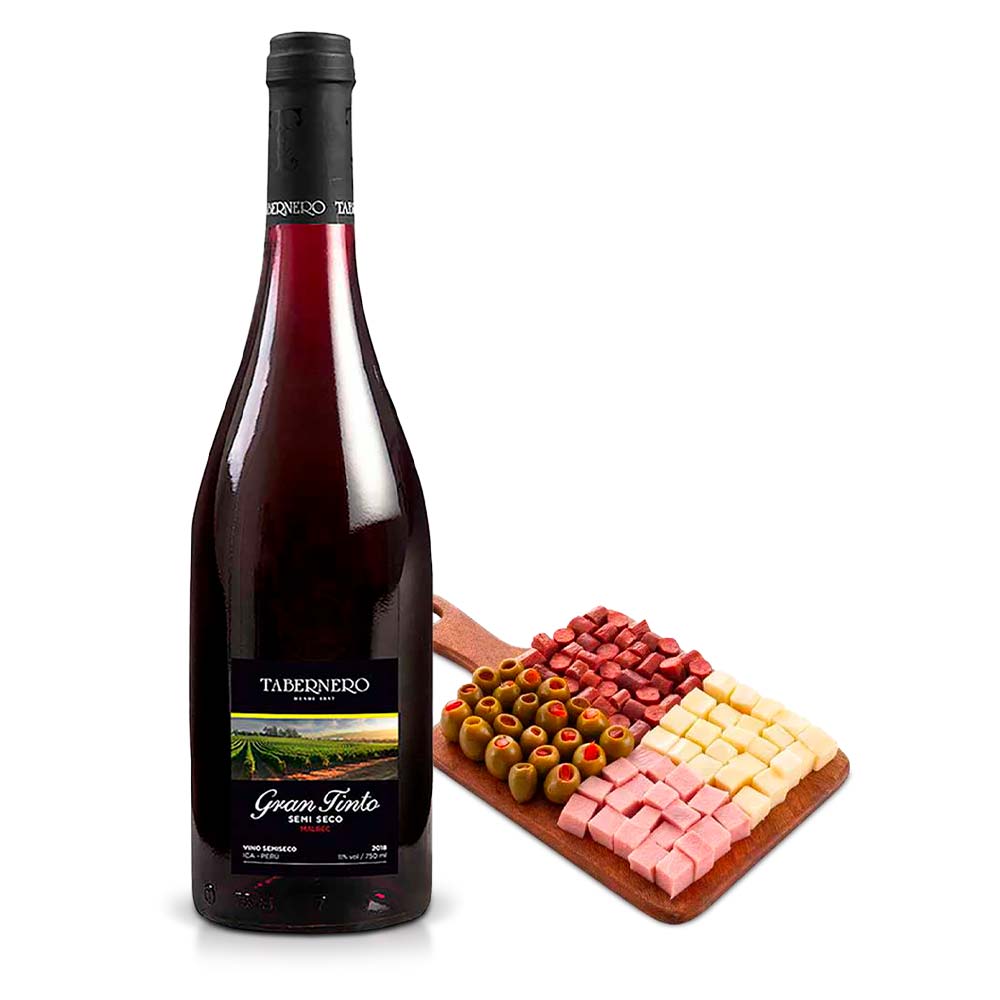 Pack Vino Tinto TABERNERO Gran Tinto Semi Seco Botella 750ml + Tabla Piqueo Tradicional BELL´S