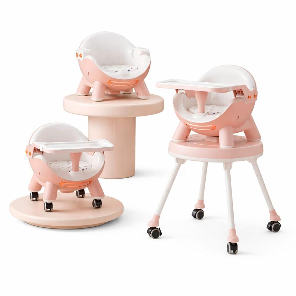 Silla Comedor Multifuncional 4 en 1 con Ruedas y Bandeja Rosado