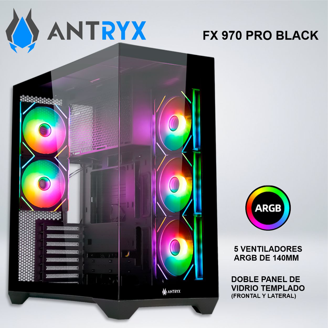CASE ANTRYX FX 970 PRO BLACK 2 VIDRIO TEMPLADO ARGB FAN 140MM X5