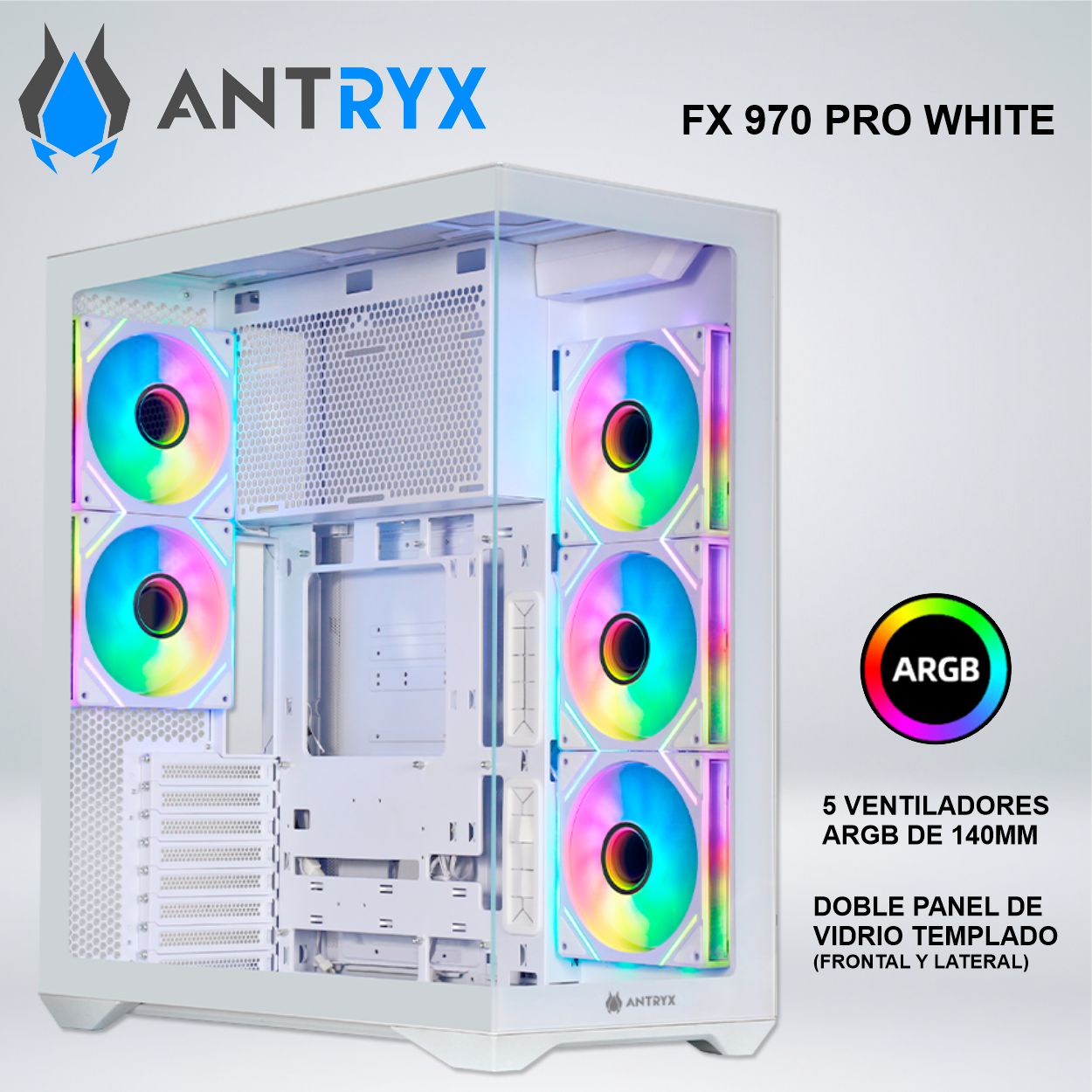 CASE ANTRYX FX 970 PRO WHITE 2 VIDRIO TEMPLADO ARGB FAN 140MM X5