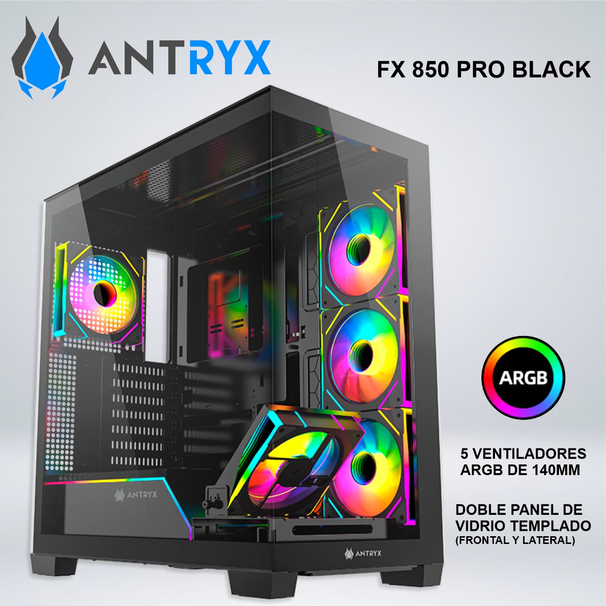CASE ANTRYX FX 850 PRO BLACK INFINITY ARGB FAN X5 USB TIPO-C NEGRO