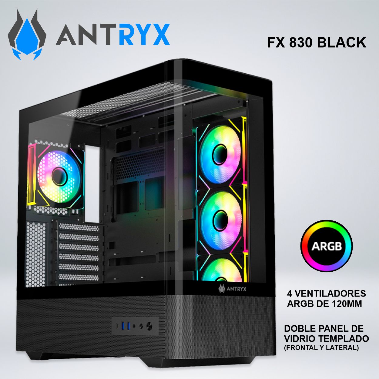 CASE ANTRYX FX 830 BLACK INFINITY ARGB FAN X4 USB TIPO-C AC FX830K