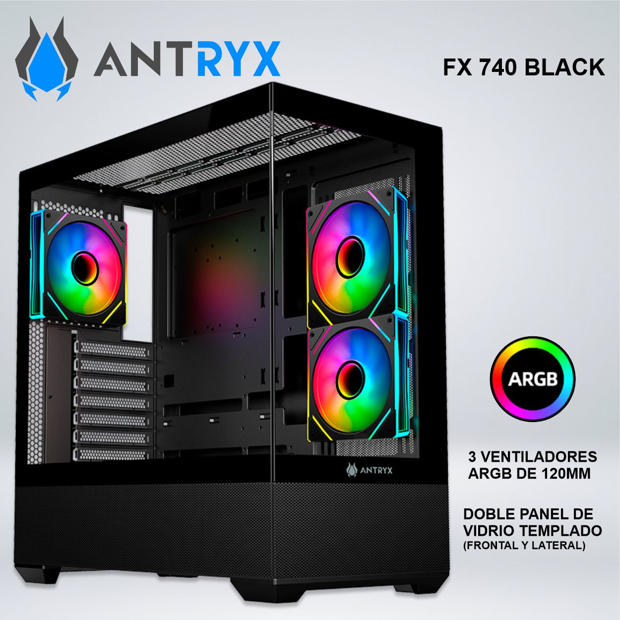CASE ANTRYX FX 740 BLACK ARGB FAN X3 USB TIPO-C ACFX740K