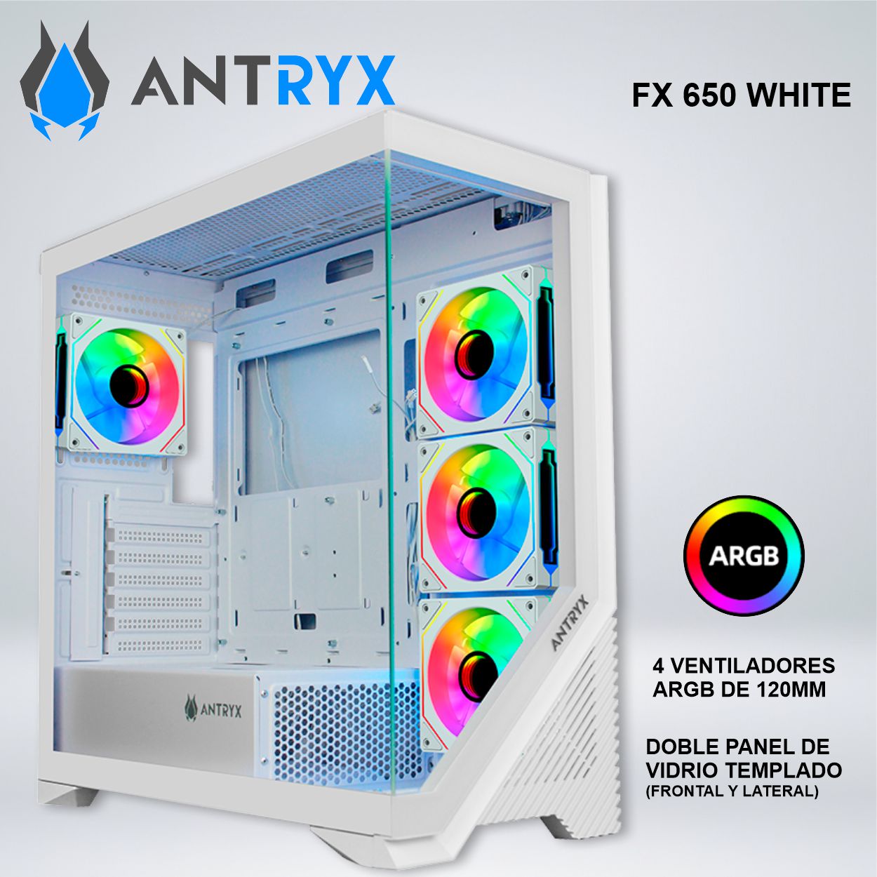 CASE ANTRYX FX 650 WHITE ARGB FAN X4 VIDRIO TEMPLADO AC-FX650W
