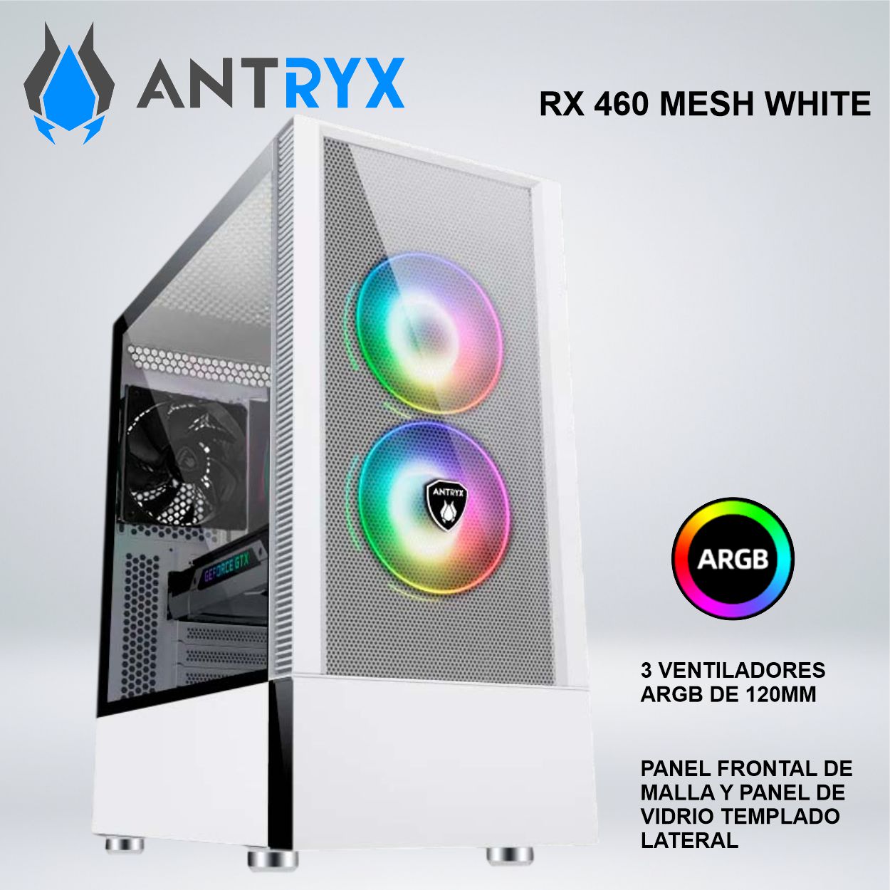 CASE ANTRYX RX 460 MESH WHITE USB3.0 FAN X3 VIDRIO TEMPLADO