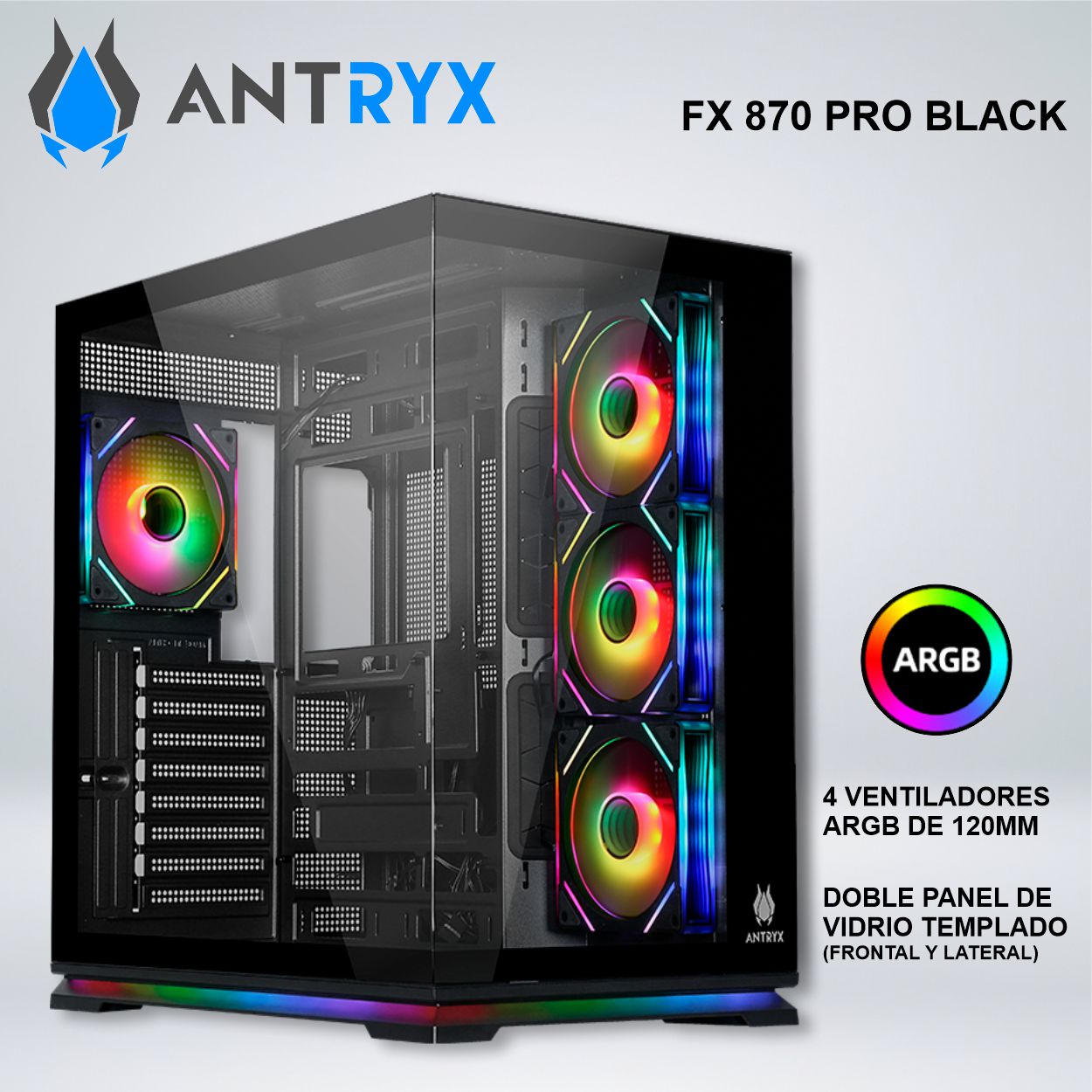 CASE ANTRYX FX 870 PRO BLACK INFINITY ARGB FAN X4 USB TIPO-C VIDRIO TEMPLADO