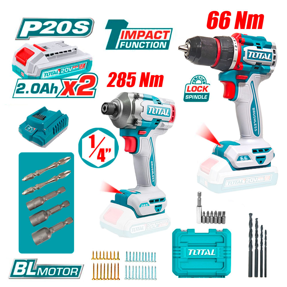 Combo Total TCKLI20277 Taladro Percutor 66Nm Y Atornillador Impacto 285Nm 20V Brushless