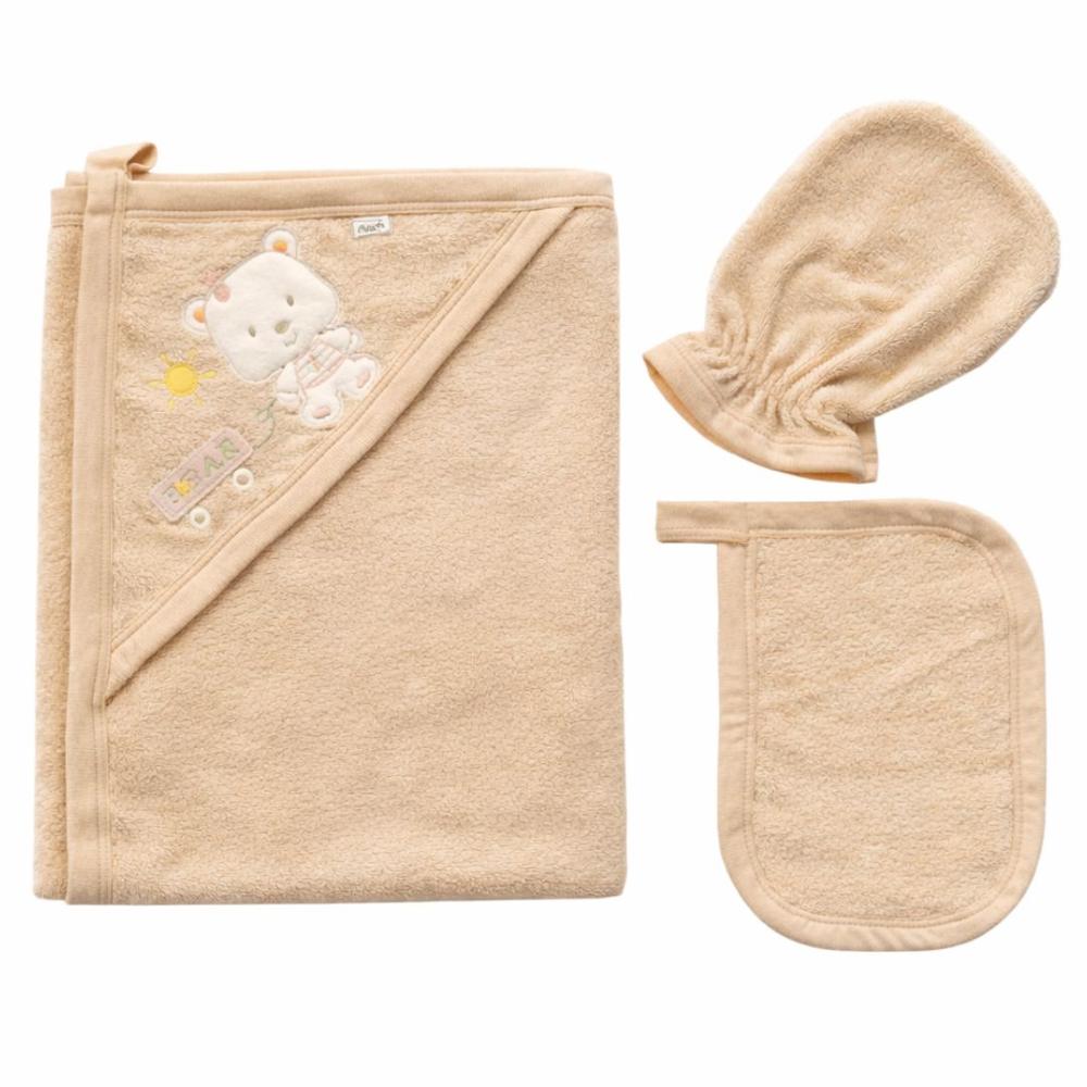 Toalla de Bebe con capucha mas babita y manopla color beige