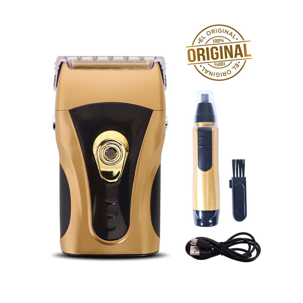 Rasuradora Recargable para Barba y Cortapelos Nasal/Orejas a Pilas + Kit de Aseo Power Touch Gold