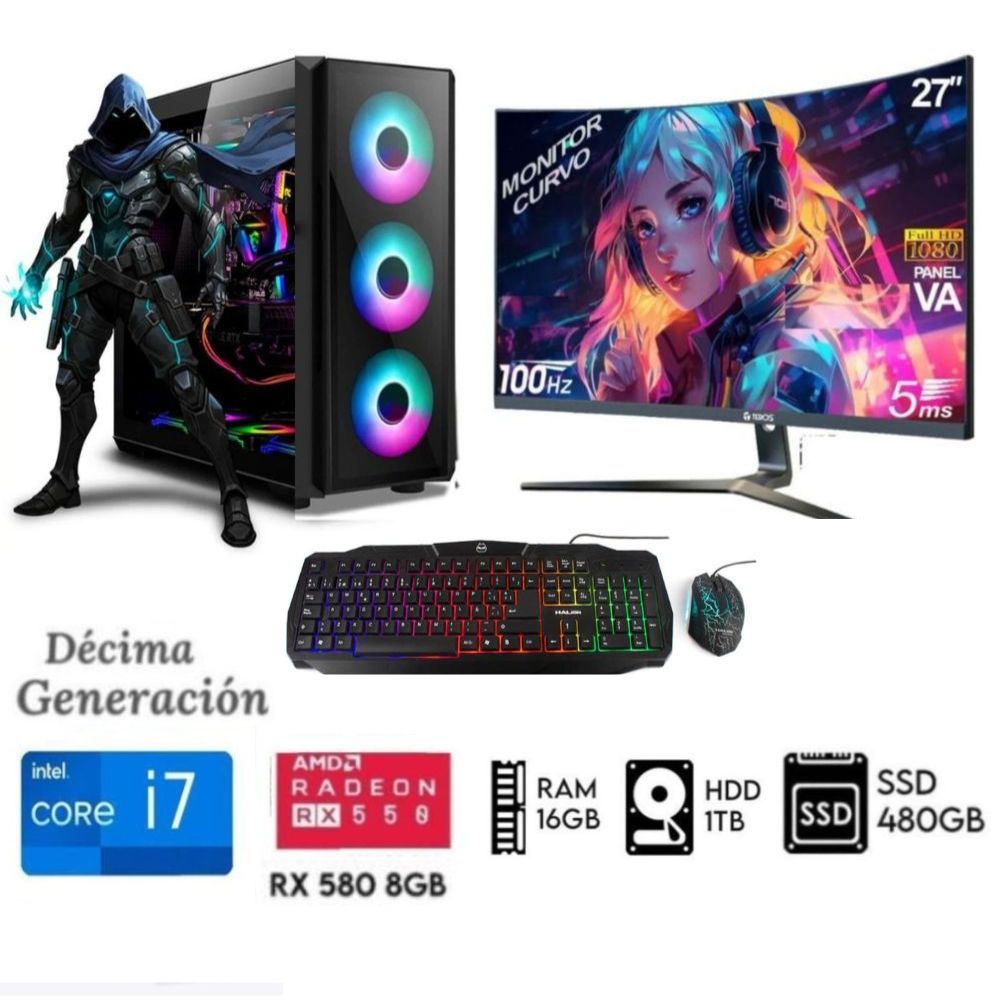 Computadora PC Gamer Core i7-10TH Ram16GB Disco HDD 1TB SSD 480GB RX 580 8GB M 27