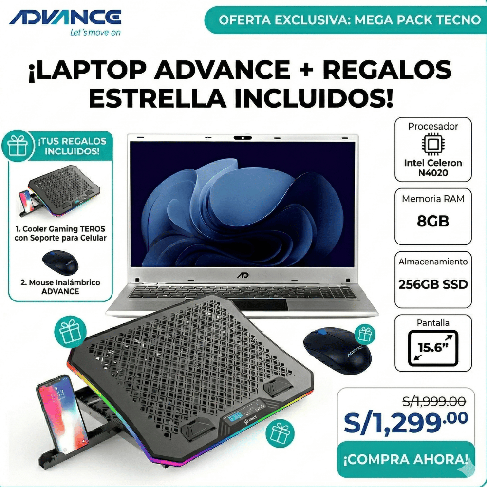 Intel Celeron N4020  8GB RAM  256GB SSD  15.6 Pulgadas - Cooler Teros - Mouse Inalámbrico