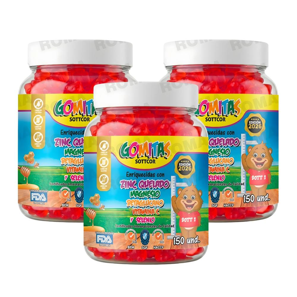 PACK 3 GOMITAS ZINC QUELADO PARA NIÑOS SOTTCOR LABS 150 UNIDADES