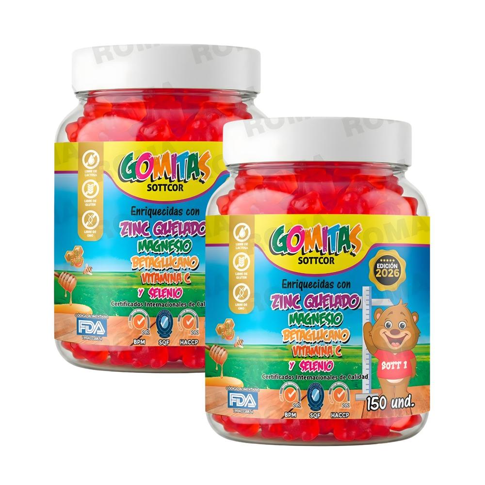 PACK 2 GOMITAS ZINC QUELADO PARA NIÑOS SOTTCOR LABS 150 UNIDADES