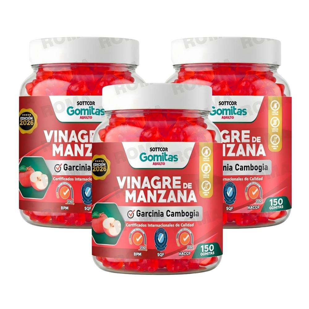 PACK 3 GOMITAS VINAGRE DE MANZANA PARA ADULTOS SOTTCOR LABS 150 UNIDADES