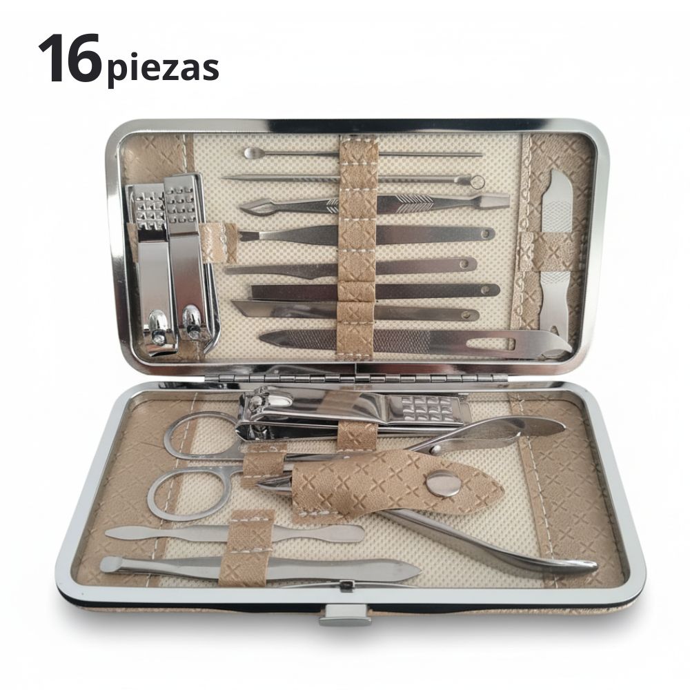 Set Manicura Pedicura Completo de 16 Piezas Cortauñas Acero Inoxidable Crema