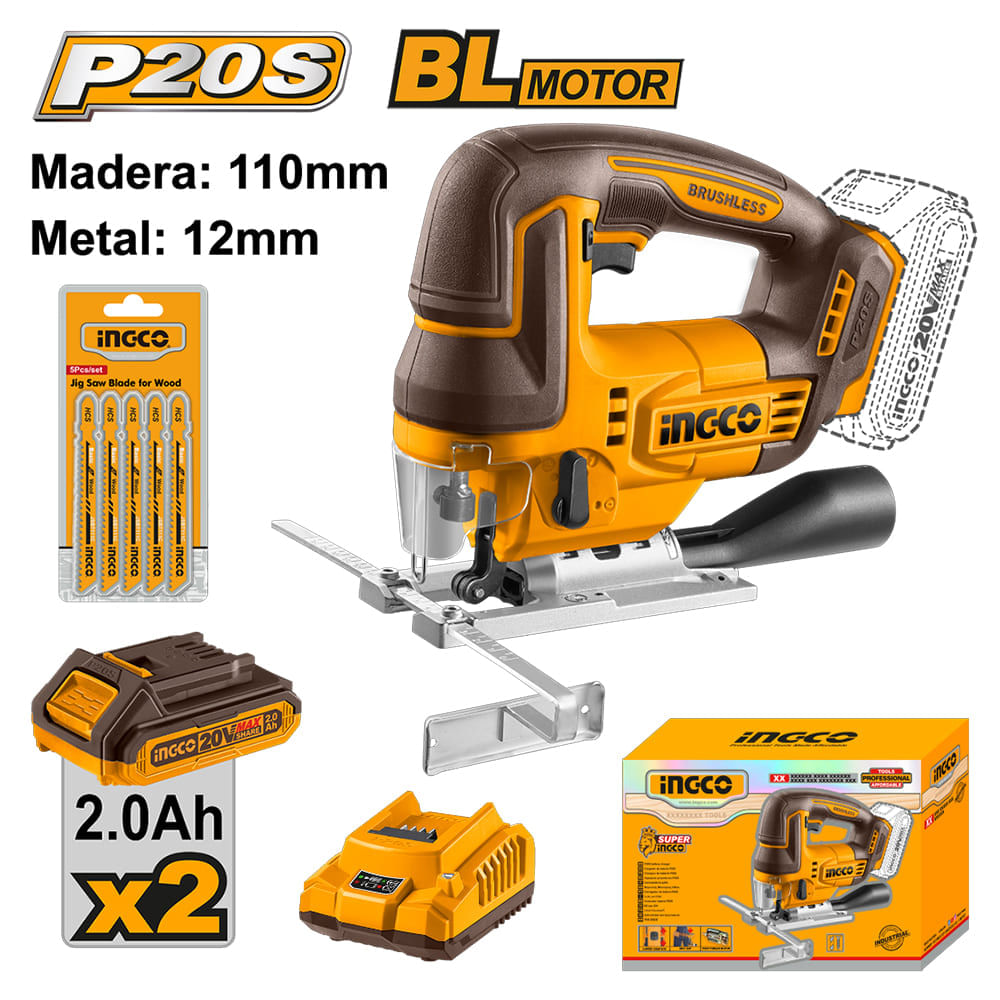 Sierra Caladora Brushless Ingco 20V CJSLI1008 con 2 Baterías 2.0AH con 1 Cargador FBCPK2212