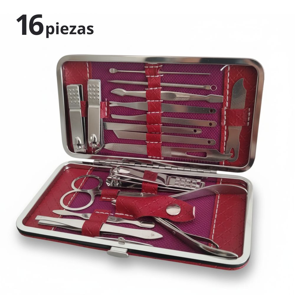 Set Manicura Pedicura Completo de 16 Piezas Cortauñas Acero Inoxidable Rojo