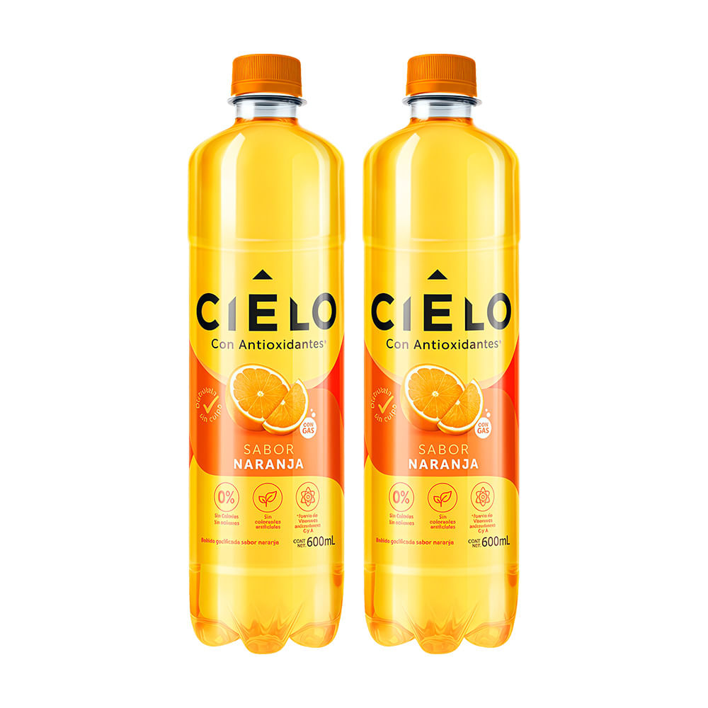 Pack Agua con Gas CIELO Gasificada Sabor a Naranja Botella 600ml Paquete 2un