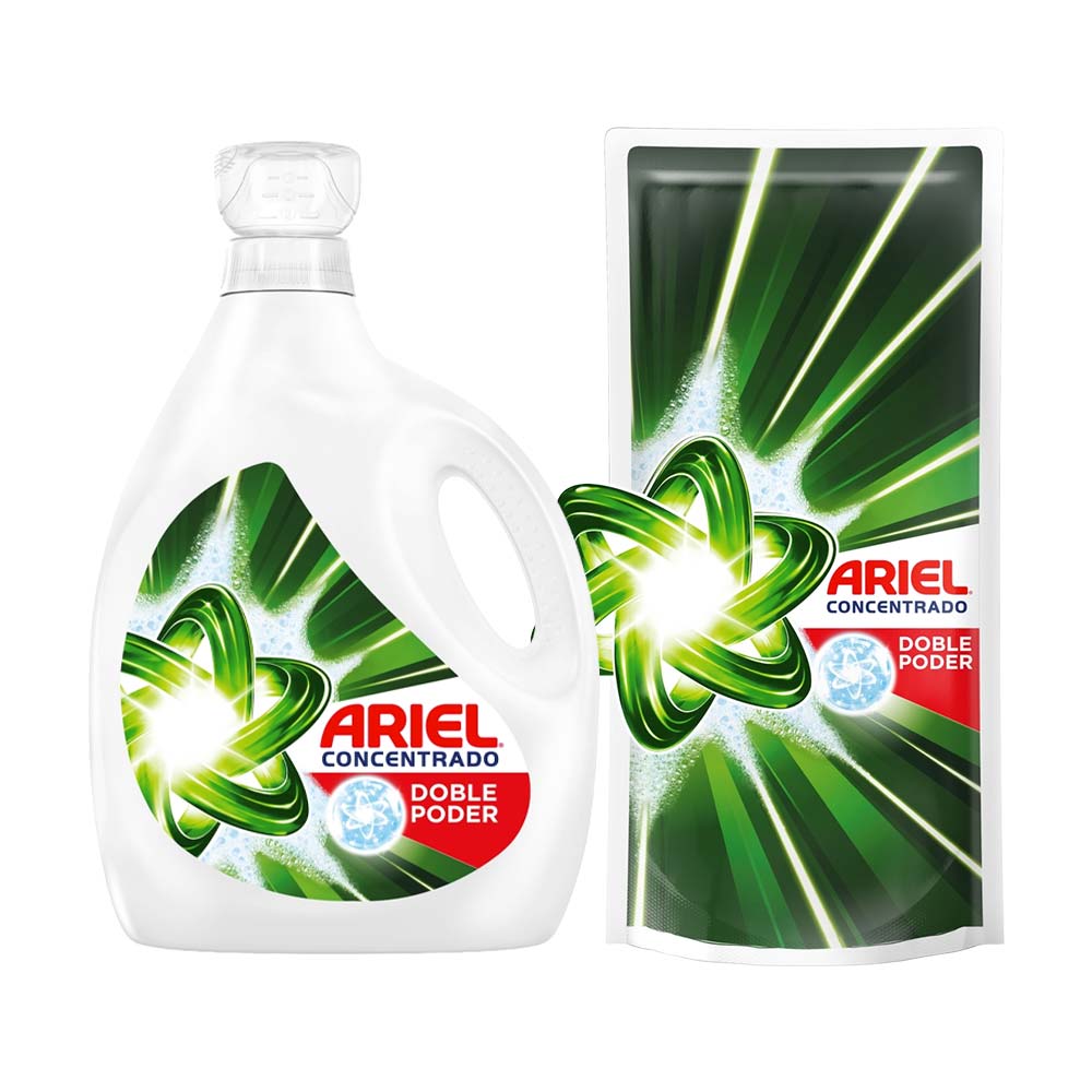 Pack Detergente Líquido ARIEL Doble Poder Concentrado Doypack 1.2L + Detergente Líquido ARIEL Doble Poder Concentrado Botella 3.7L