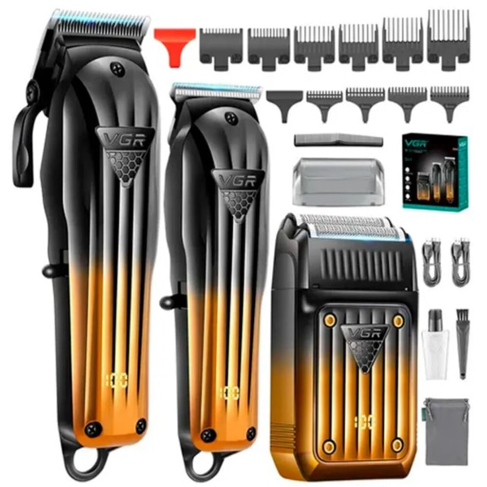 Combo Barber Cortadora Trimmer y Shaver 3en1 VGR  V-644 Negro Y Dorado