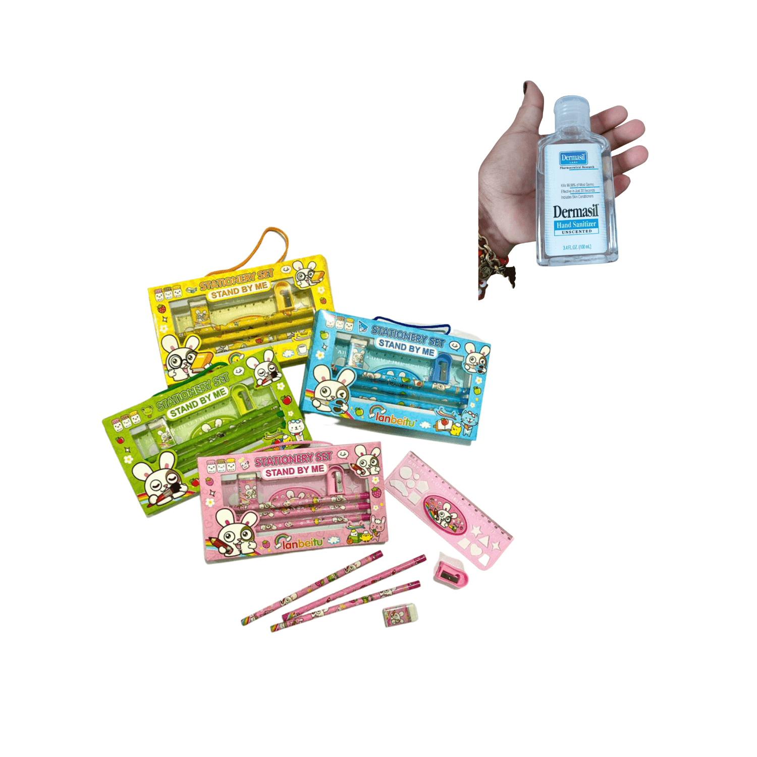 Set Escolar Kawaii Rosado Y   Gel Desinfectante