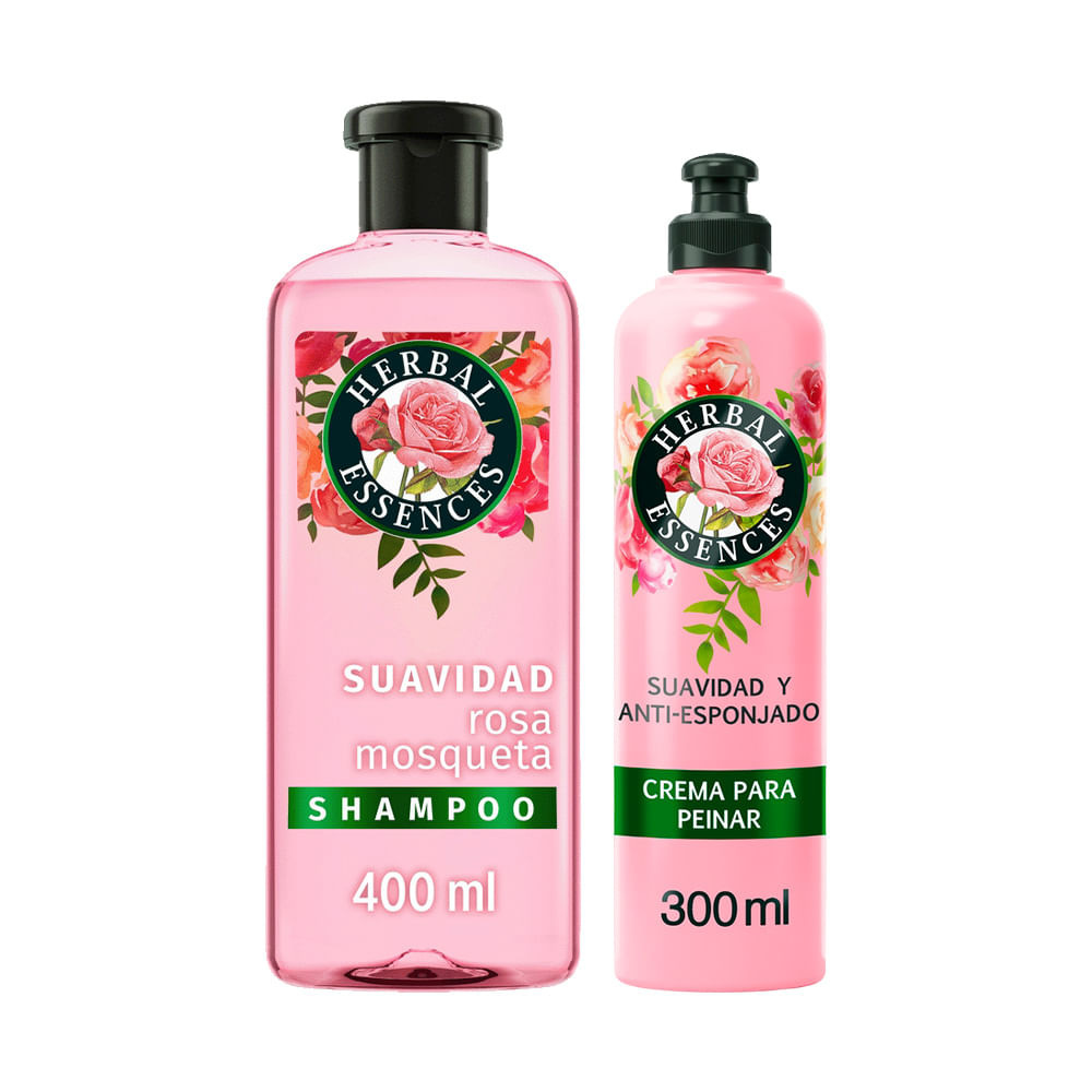 Pack HERBAL ESSENCES Crema Rosa Mosqueta Frasco 300ml + Shampoo Frasco 400ml