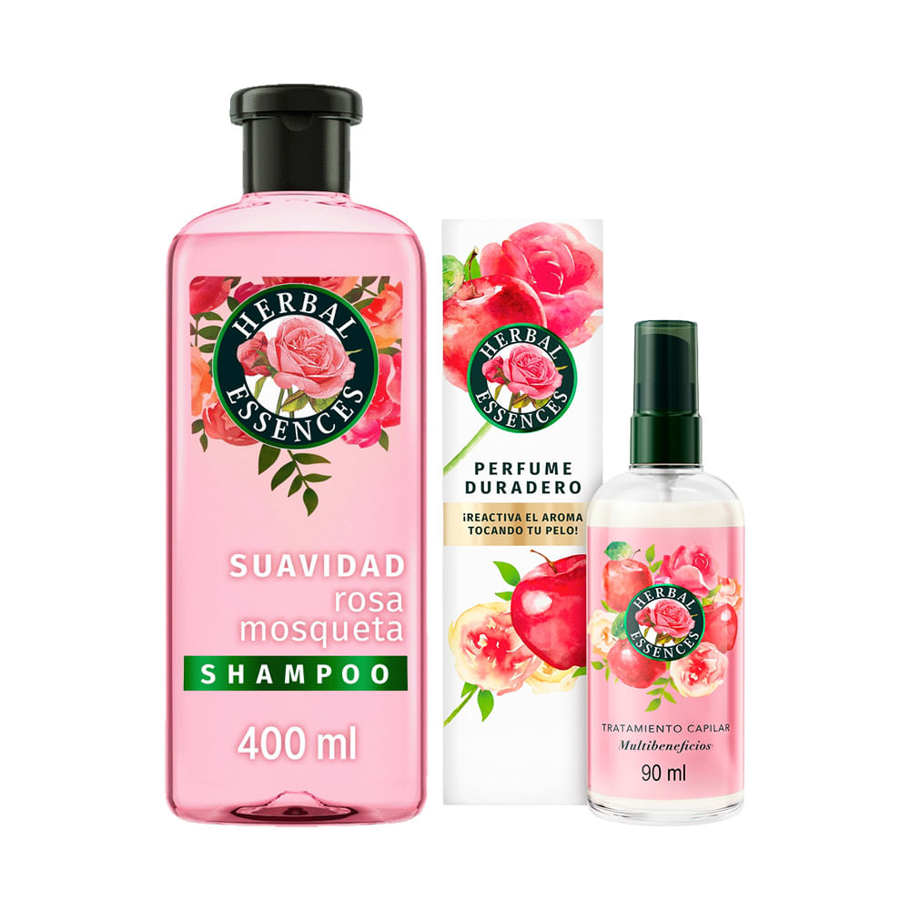 Pack HERBAL ESSENCES Shampoo Rosa Mosqueta Frasco 400ml + Perfume para Cabello Frasco 90ml