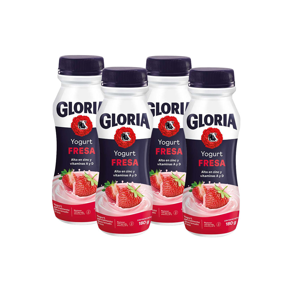 Pack Yogurt Bebible GLORIA Sabor a Fresa Botella 180g Paquete 4un