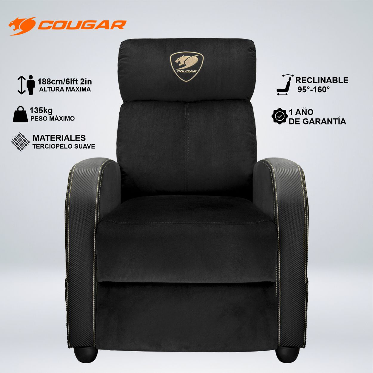 SILLA GAMER ELITE GOLD TERCIOPELO  RECLINA 160 REPOSACABEZAS Y LUMBAR