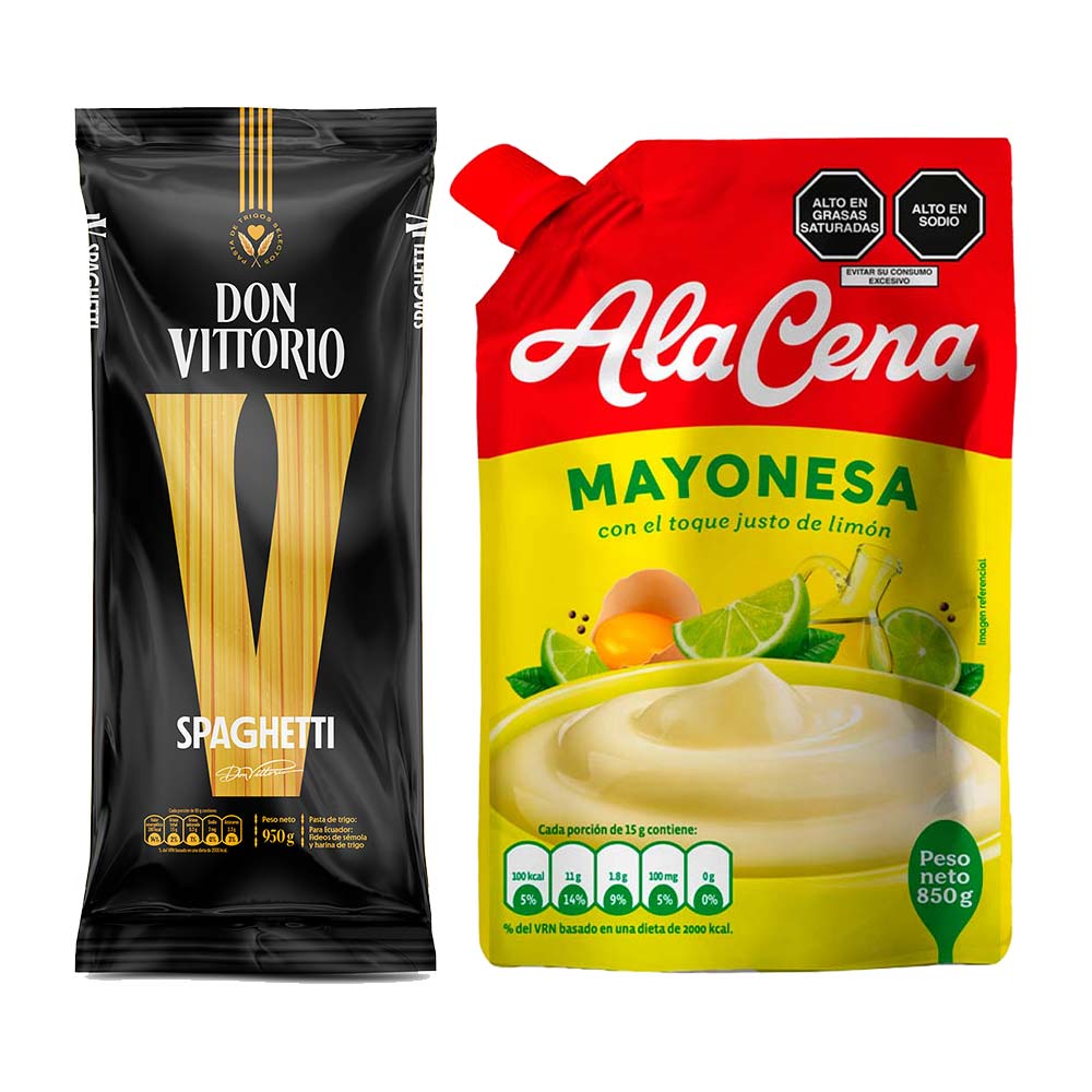 Pack Fideos Spaghetti DON VITTORIO Bolsa 950g + Mayonesa ALACENA Doypack 850g