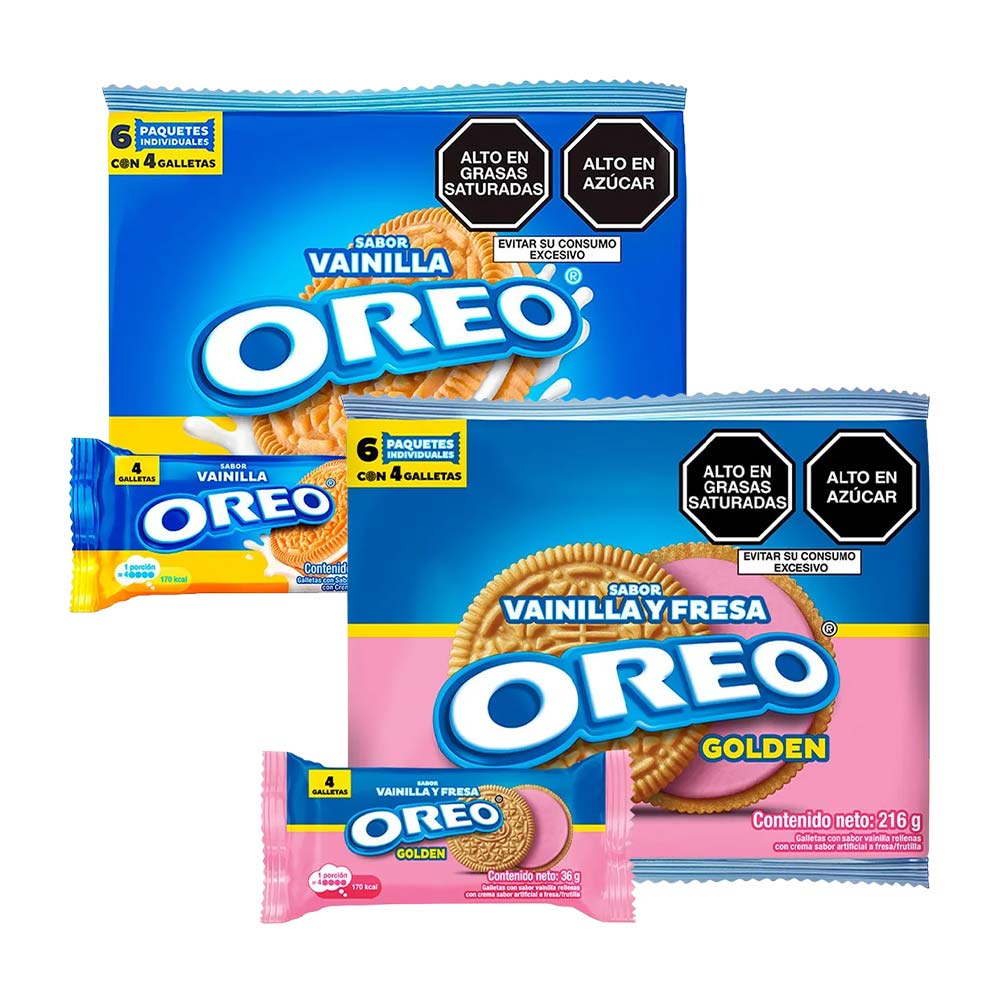 Pack Galleta OREO Golden Vainilla Paquete 6un Bolsa 216g + Galletas NABISCO Oreo Sabor a Fresa Bolsa 6un