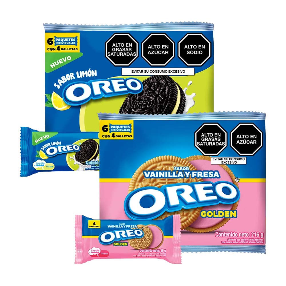 Pack Galletas NABISCO Oreo Sabor a Fresa Bolsa 6un + Galletas OREO Nabisco Sabor Limón Bolsa 36g Paquete 6un