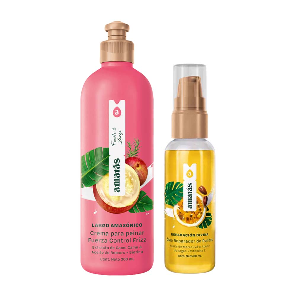 Pack Crema para Peinar AMARÁS Largo Amazónico Frasco 300ml + Óleo AMARÁS Reparación Divina Frasco 60ml