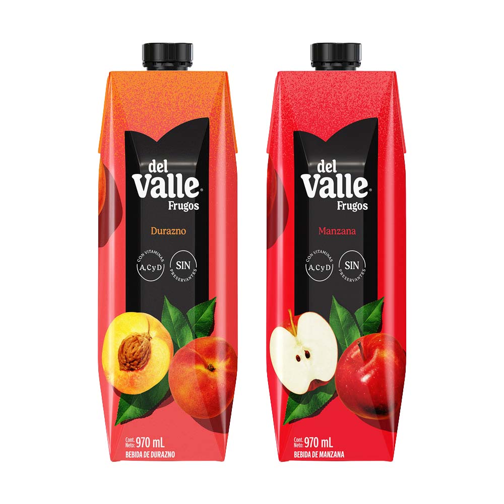 Pack Bebida de Durazno FRUGOS Caja 970ml + Bebida FRUGOS DEL VALLE Sabor a Manzana Caja 970ml