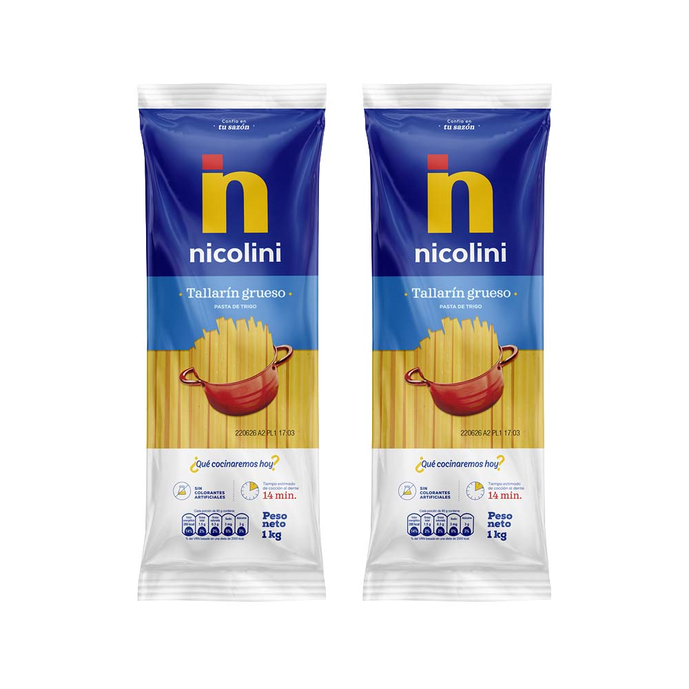 Pack Fideos NICOLINI Tallarín Grueso Bolsa 1kg x 2un