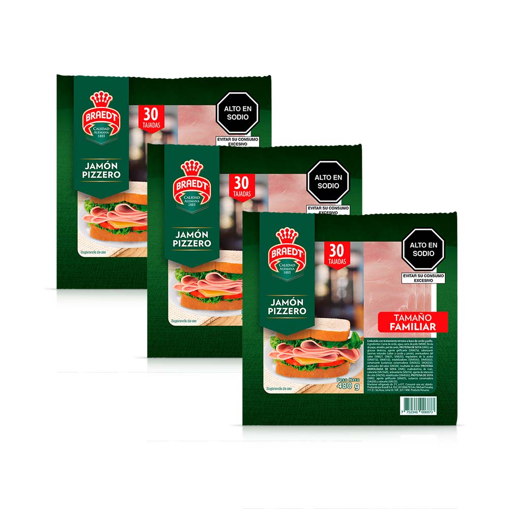 Pack Jamón Pizzero BRAEDT Paquete 480g x 3un