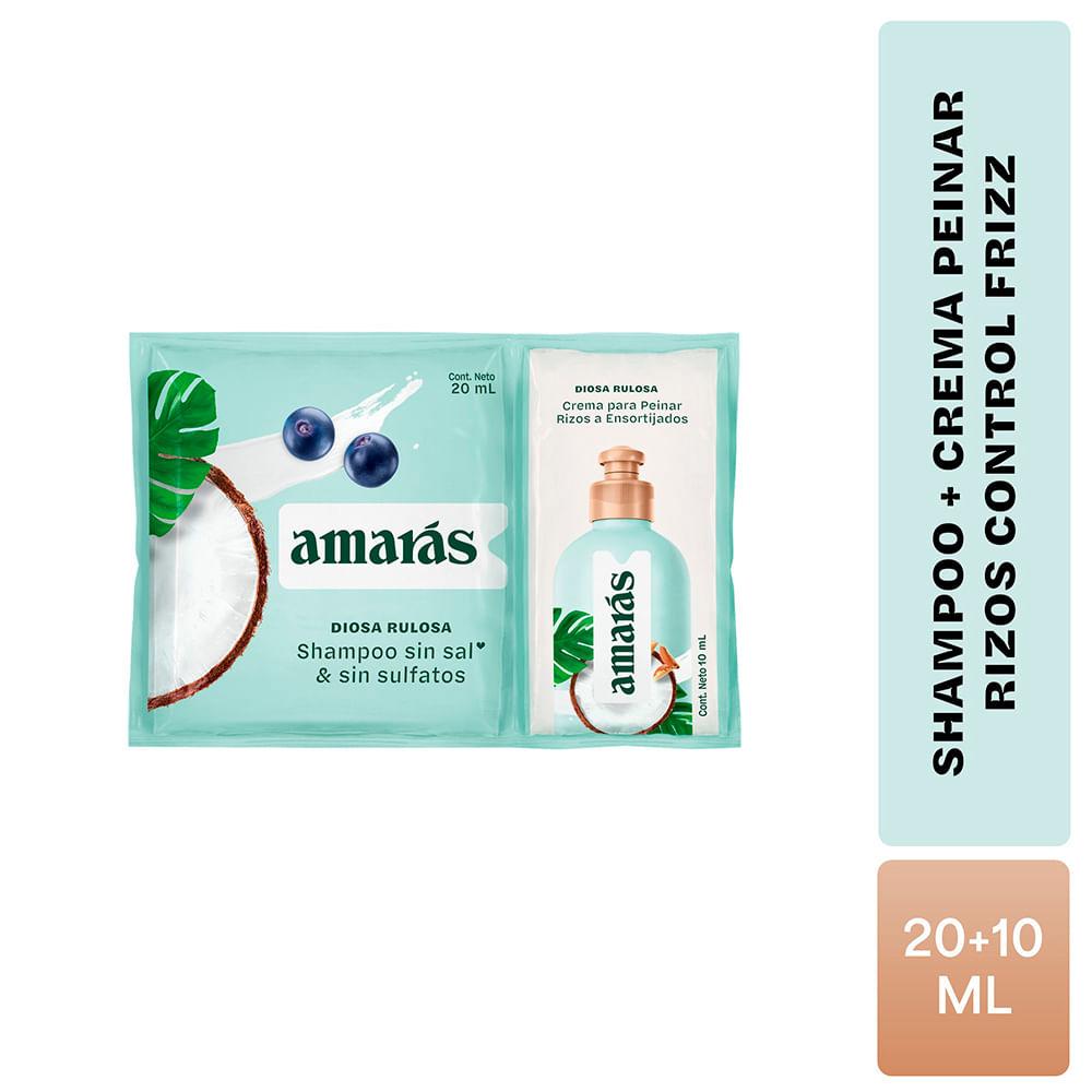 Pack AMARÁS sin Sal Diosa Rulosa: Shampoo Sachet 20ml + Crema para Peinar Sachet 10ml