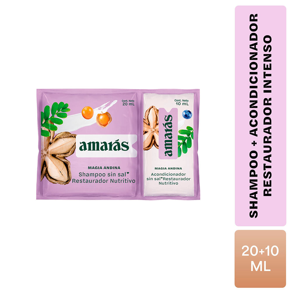 Pack AMARÁS sin Sal Magia Andina: Shampoo Sachet 20ml + Acondicionador Sachet 10ml