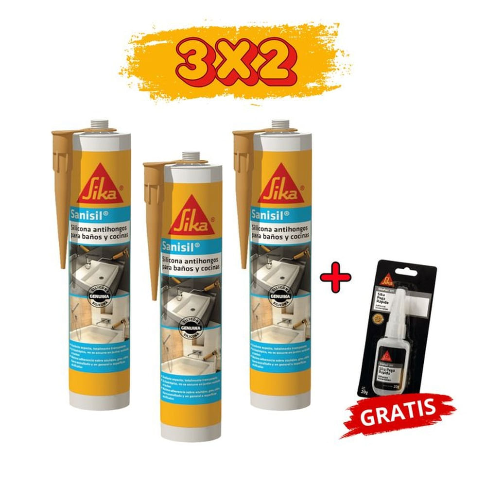 3x2 Silicona Antihongos p/ Baños y Cocinas Sika Sanisil Beige 280ml + Gratis Sikafast 201