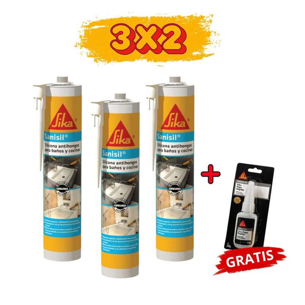 3x2 Silicona Antihongos p/ Baños y Cocinas Sika Sanisil Blanco 280ml + Gratis Sikafast 201